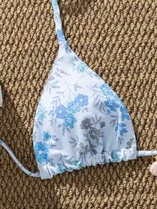 Bộ bikini hoa nhí 2 món dành cho nữ - Áo bơi dây tam giác với mặt dây chuyền hình vỏ sò, quần bơi cạp cao kiểu dây mảnh, đồ bơi dễ thương cho kỳ nghỉ hè ở bãi biển. - Màu xanh nhạt - Xem 5