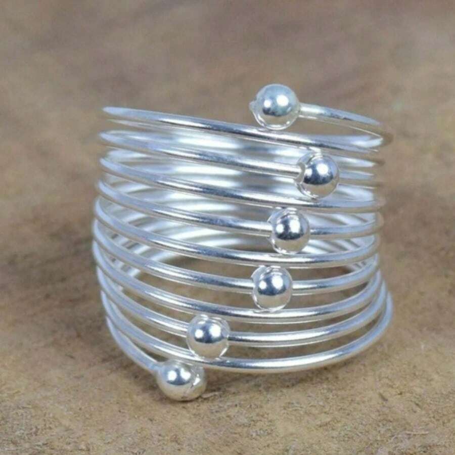 Fashionable Retro Multi-Circle Wrapped Design Hollow Wide Band Ring, Handmade Jewelry Suitable For Women's Parties And Gatherings, An Ideal Gift For Friends - Silver - View 1