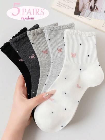 5 đôi tất ngắn nữ thời trang không thể thiếu, tất mỏng mùa xuân hè với nơ hồng xinh xắn và chấm bi sành điệu, tất trắng mềm mại, thoáng khí, không bó sát, phụ kiện đa năng (Màu ngẫu nhiên)