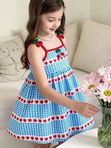 Girls' Sleeveless Strawberry Plaid Suspender Dress, Children's Casual A-Line Sundress, Suitable For Beach, Vacation And Birthday Party - Blue and White - View 3