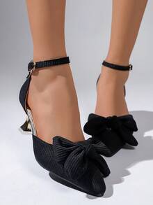 Solid Color High Heel Shoes For Women, Pointed Toe Slip-On Office Pumps, French Style With Rhinestones - Black - View 3