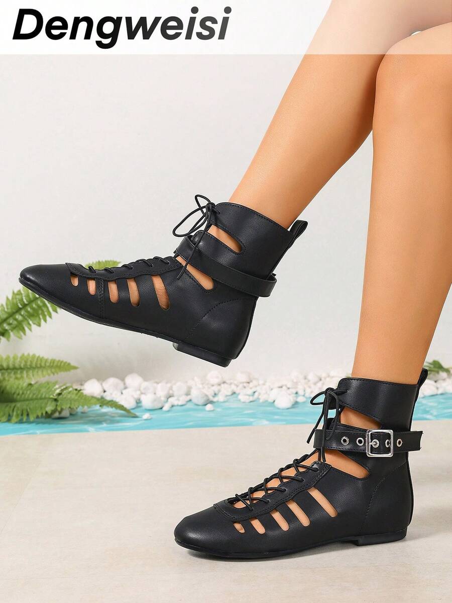 Giày bốt nữ màu đen sọc, khoét lỗ, kiểu dáng bất đối xứng, buộc dây, mũi tròn, đế bằng, có thể điều chỉnh, đa năng, phong cách thường ngày, năng động, phù hợp cho kỳ nghỉ, công sở, đi làm, thời trang hàng ngày, mùa xuân/hè. - màu đen - Xem 1