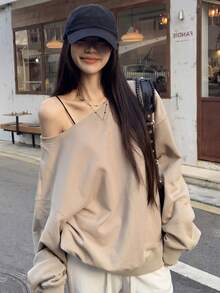 Y6Y休闲时尚宽松不对称肩部女式卫衣，长袖上衣，2025秋冬新款春季款 - 淺卡其 - 查看 8