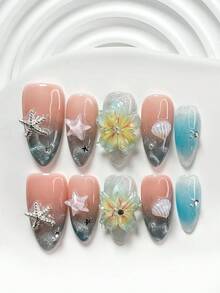 10件套时尚渐变手工美甲套装，包含凝胶美甲套装、银色海星、手工渐变蓝绿双层冰花美甲装饰、白色贝壳、蓝色猫眼图案、蓝色指甲油，以及美甲工具（1个果冻贴纸+1个指甲锉）。提供三种尺寸：方形、短方形、杏仁形。适合派对、日常、聚会、摄影、春夏通勤等场合。按压式美甲片。 - 彩色 - 查看 3