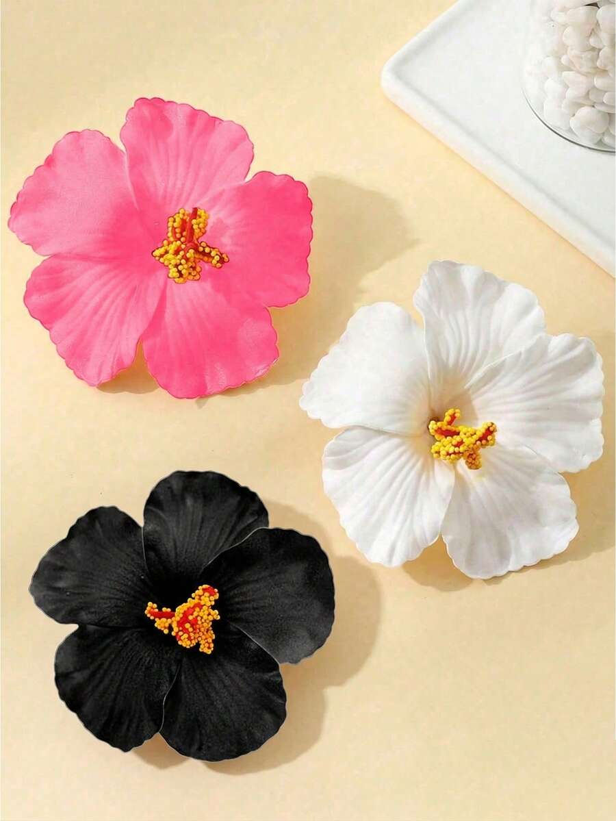 3件套夏威夷花朵发夹，女士人造热带芙蓉花发夹，适合海滩度假派对波西米亚风，时尚、优雅、简约，纯色，适合日常、休闲、派对、工作、度假、盘发、马尾辫、洗脸、化妆、服装配饰