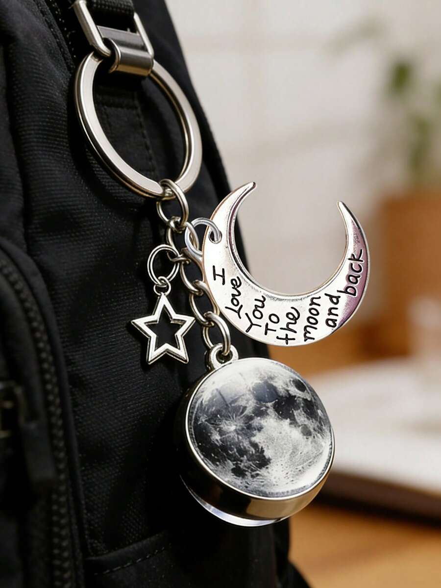 Double-Sided Glass Ball Star Decor, With Crescent Moon, Featuring Sentences About Moon And Stars, Luminous Moonlight Style Starry Sky Fantasy Synthetic Gemstone Keychain, Pearl Keychain, Fashion Bag Charm, Wallet Backpack Handbag Pendant, Car Key Earbud Case Accessory, Suitable For Back To School, Gifts For Friends/Family, Hiking And Beach Gifts For Mother, Father, Graduation, And Teacher - Multicolor - View 1