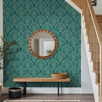 1 Cuộn Giấy Dán Tường Tự Dính Màu Xanh Lá Cổ Điển - Bóc Và Dán, Rộng 17,32 inch, Họa Tiết Lông Công Phong Cách Bohemian, Thích Hợp Cho Phòng Khách, Phòng Ngủ, Phòng Ăn, Trang Trí Nhà Cửa, Tủ, Kệ Sách, Cải Tạo Nội Thất, Thân Thiện Với Người Thuê Nhà, Giấy Dán Tường Lá Quạt Vàng Xanh Thanh Lịch, Giấy Dán Tường Trang Trí Ngày Lễ
