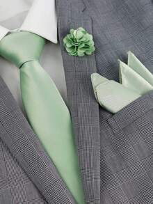 ZLQ&GOU 3pcs Sage Green Necktie, Pocket Square & Boutonniere Set, Polyester Satin Slim Tie, Wedding Party Gift For Men,Festival,Graduation Gift - Light Green - View 6