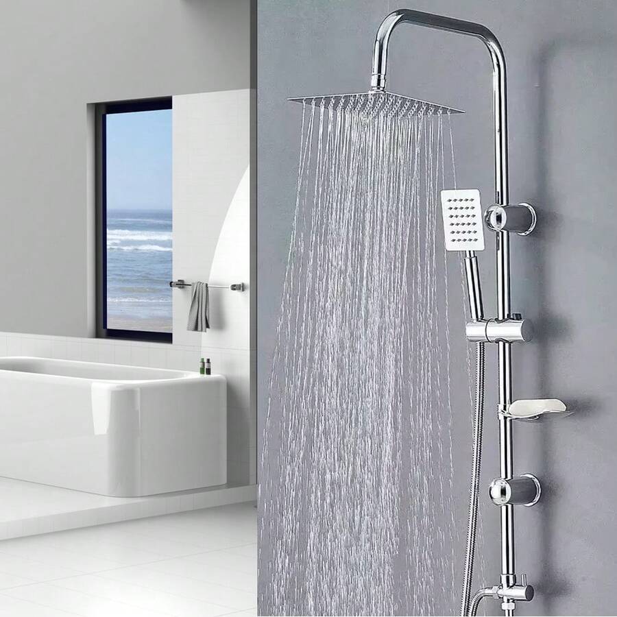 Bathroom Shower Kit Twin Head  Square Fixed Head Riser Rail Bath Mixer Tap Set - Silver - View 1