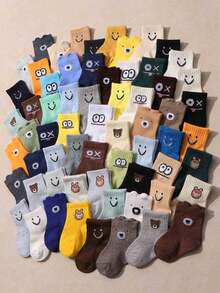 10 pares de calcetines casuales de tobillo para bebé con estampado de oso de dibujos animados de colores aleatorios, calcetines suaves y amigables con la piel, adecuados para jugar y combinar con atuendos - Multicolor - Ver 2
