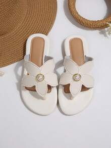 1双儿童时尚套脚凉鞋，夏季平底花朵凉鞋，高颜值女童沙滩鞋 - 白色 - 查看 4