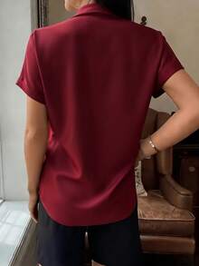 Women's Elegant White Short Sleeve Shirt With Collar Button, Regular Length Top Summer - Burgundy - View 3
