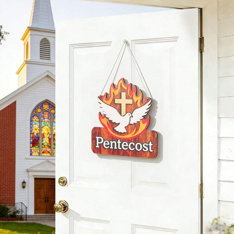 Pentecost Party Decor Wooden Hanging Ornament, Church Wall Background Decoration, Red Flame Cross And Dove Theme, Christian Church Event Baptism Arrangement - Pentecost - View 1