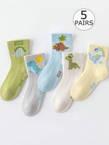 5双装儿童/幼儿男童网眼中筒袜，白色、黄色、绿色、蓝色、灰色，撞色拼接，卡通恐龙、字母、条纹、气球、树木、独角兽、霸王龙、腕龙、翼龙图案，透气可爱，简约风格，适合春夏四季穿着，时尚百搭，学生日常穿着，返校季必备，可搭配休闲鞋/运动鞋/正装鞋 - 彩色 - 查看 2