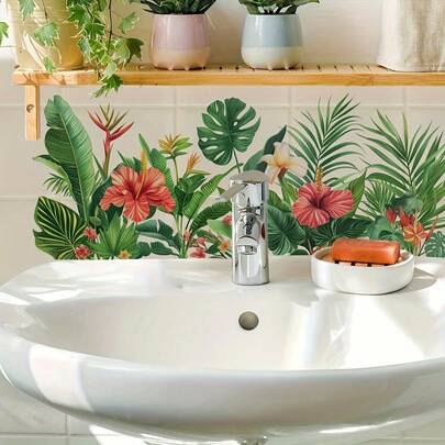 1 miếng dán tường phòng tắm họa tiết hoa lá nhiệt đới - Decal vinyl tự dính, có thể tháo rời với hình ảnh hoa dâm bụt và lá cọ rực rỡ, dễ dàng bóc và dán, bề mặt bán mờ phù hợp với gạch men.