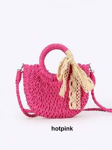 草编包 女士手工编织手提包 月牙形蕾丝蝴蝶结藤编包 大容量抽绳休闲沙滩单肩斜挎包 手工编织草编藤半月形沙滩手提包 大容量女士夏季镂空斜挎单肩包 - 彩色 - 查看 16