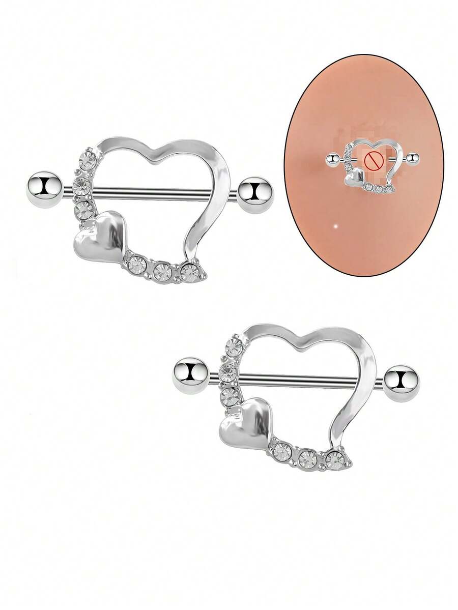 2 chiếc khuyên núm vú hình trái tim rỗng bằng thép không gỉ, thích hợp để đeo hàng ngày. - Trái tim - Xem 1