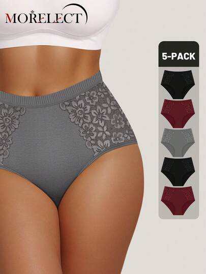 Morelect Paquete de 5 bragas de algodón de cintura alta para mujer, de cobertura completa, con parches de encaje, estampado floral, elegantes y transpirables