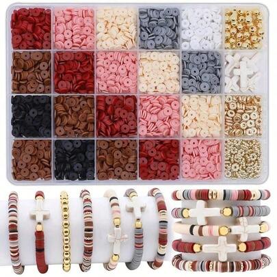 Bộ dụng cụ làm vòng tay hạt đất sét mềm 2600 hạt - Bao gồm các hạt đất sét mềm màu đỏ, hồng, nâu và mặt dây chuyền hình thánh giá, thích hợp để tự làm vòng tay tình bạn và phụ kiện trang sức.