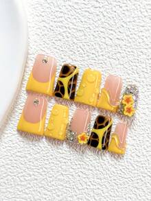 10Pcs Cool Edgy Style, Handmade Nail Art Set,Polygel Nail Set,Diamond, Flowers Nail Art Accessories,Yellow And Dark Brown Nail Polish,Includes Nail Tools,3 Sizes Available,Almond Nails , Duck Nails,Coffin Nails For Party, Dance, Daily Wear. - 彩色 - 查看 2