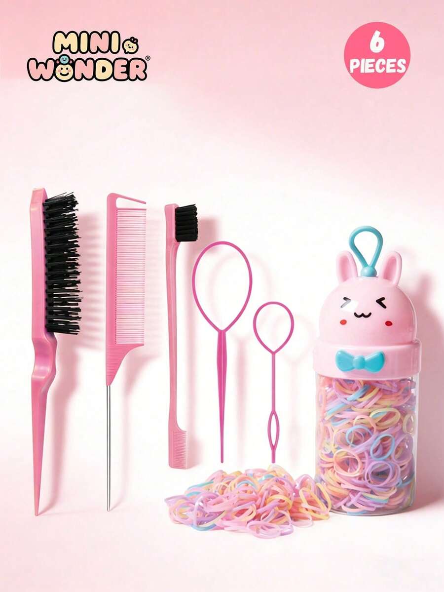 Set de 6 accesorios para el cabello de color rosa dulce, set de 6 lazos para el cabello con diseño de conejo lindo con caja de almacenamiento portátil - Multicolor - Ver 1
