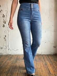 Women's Low Rise Straight Leg Jeans - Sexy Y2K Denim Pants With Double Button Fly, Relaxed Fit Trousers For Women, Comfortable & Versatile - Medium Wash - View 1