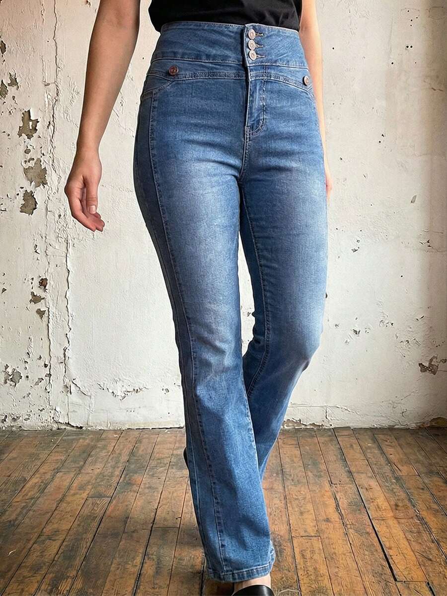 Women's Low Rise Straight Leg Jeans - Sexy Y2K Denim Pants With Double Button Fly, Relaxed Fit Trousers For Women, Comfortable & Versatile - Medium Wash - View 1