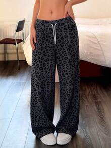 Women's Pink Leopard Print Drawstring Straight Leg Casual Pants With Pockets, Lightweight Stretchy Polyester Fabric - Dark Grey - View 7