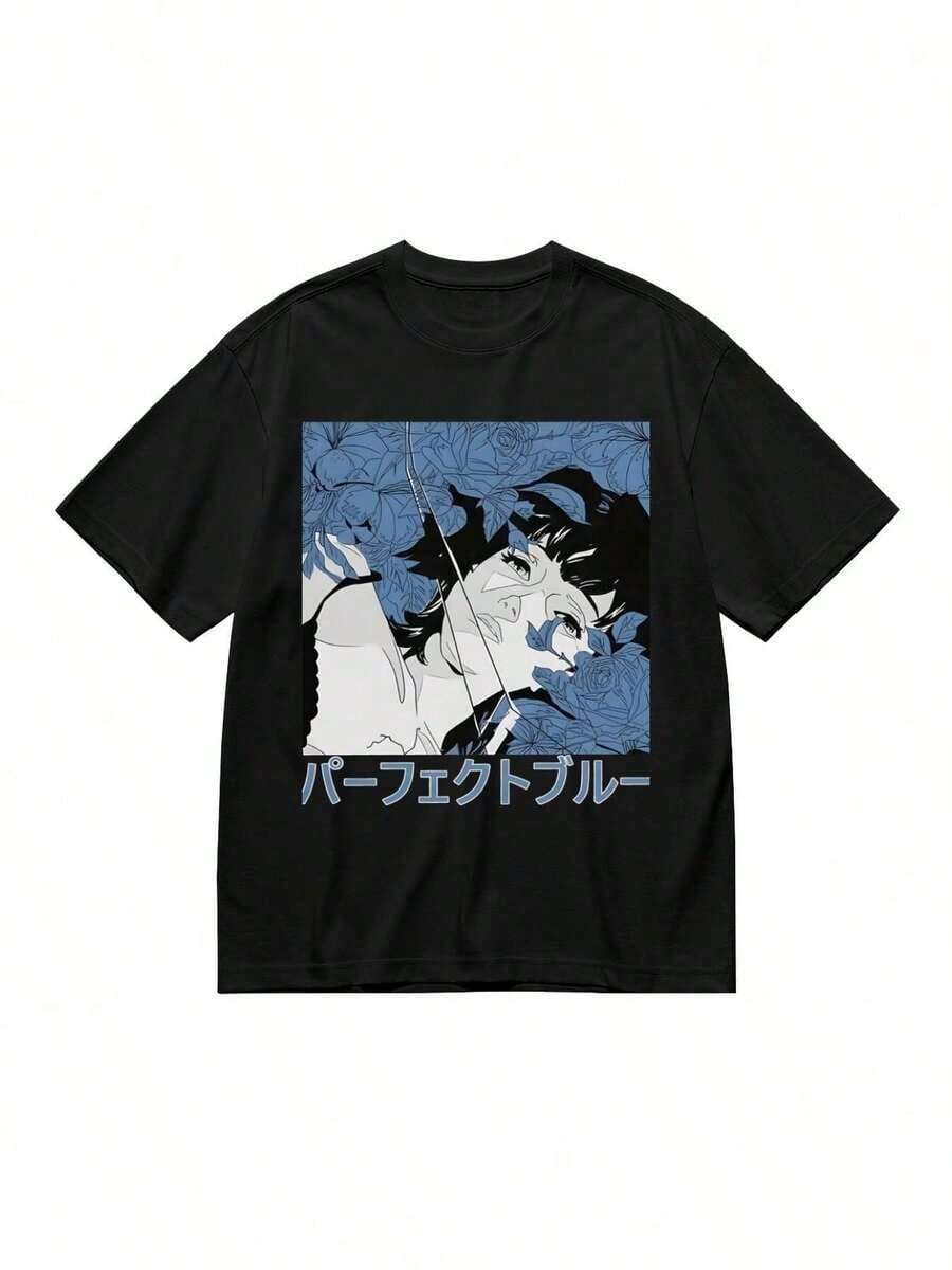 Camiseta de algodón con cuello en V elástico, tela de tecnología transpirable y de secado rápido, lavable y que no se decolora, camiseta de hombre azul perfecta, camiseta casual de algodón de manga corta, camisetas de anime, tops de cuello redondo, talla, versátil para el trabajo y el ocio. - Negro - Ver 1