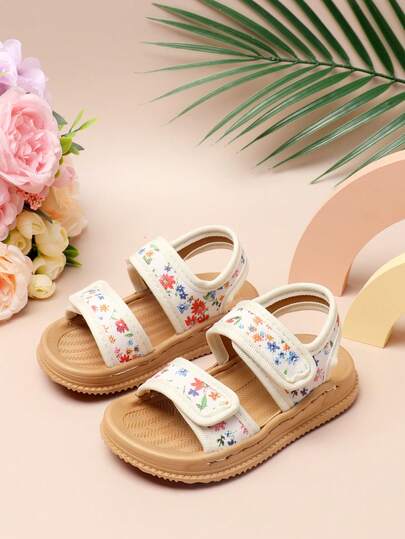 1 đôi dép xăng đan cho bé, khóa dán, thiết kế hoa văn tối giản thoải mái, dép đi biển mềm mại, chống trơn trượt, thoáng khí cho bé gái, mùa hè.