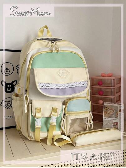 2pcs Yellow Nylon Casual School Style Pleated Ruffle Decor Multi-Pocket Smooth Zipper Interior Large Capacity Foldable Water-Resistant With Pen Pocket Backpack, Suitable For High School Students, Versatile For Campus, Commute, Outdoor Travel, Also As Holiday Gift, Can Hold Books, Pencil Case, Cosmetic Bag, Makeup Box, Suitable For Family, Gift, Vacation