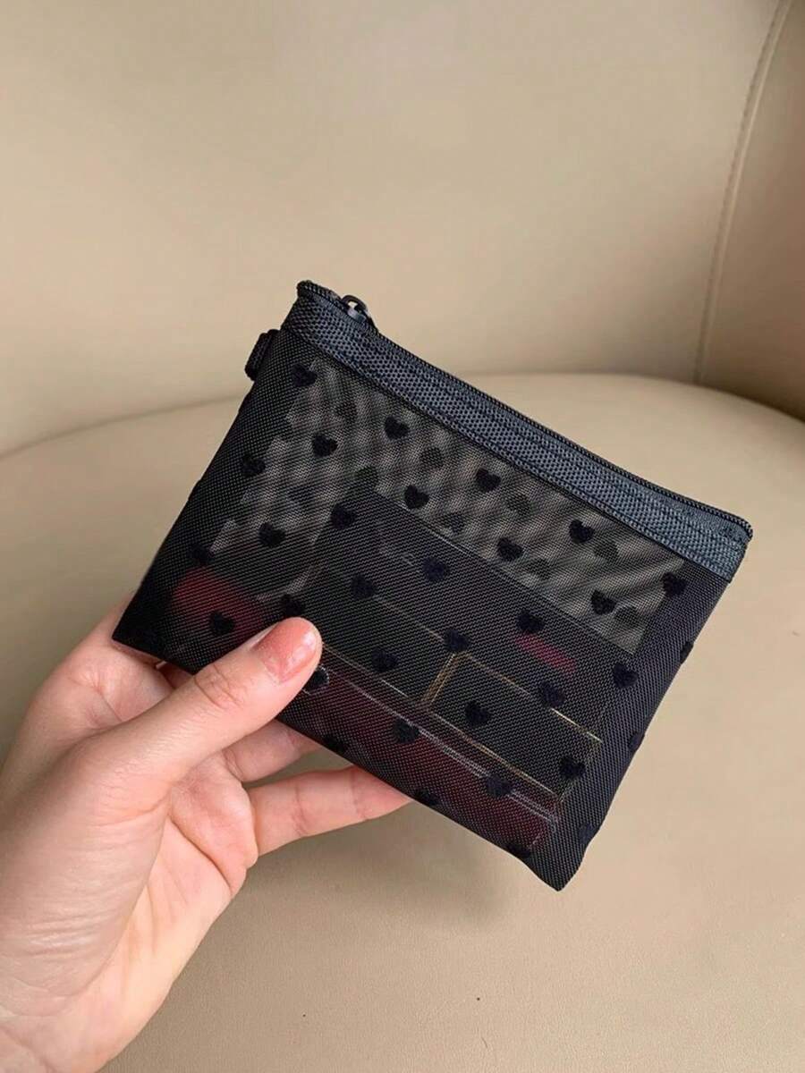 1pc Flocked Heart Mesh Cosmetic Bag, Transparent Coin Purse, Portable Electronics/Earphone Organizer - Black - View 1