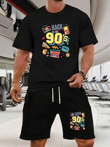 Retro 90s Element Print Men's Short Sleeve T-Shirt And Drawstring Shorts 2pcs Casual Sportswear Set, Suitable For Spring/Summer Outfitgraphic Tees Men Summer Outfits - 黑色 - 查看 16