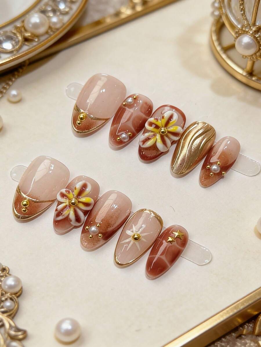 10 móng tay giả thủ công 3D chạm khắc màu hổ phách, móng dán kim loại đính ngọc trai, móng giả cao cấp có thể tháo rời. - Nhiều màu - Xem 1