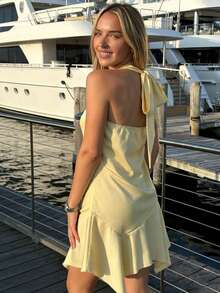 ii Robe mini élégante d'été pour femmes, col ras-du-cou, ourlet à volants, couleur unie, à la mode, pour soirée et vacances - Jaune citron - Voir 4