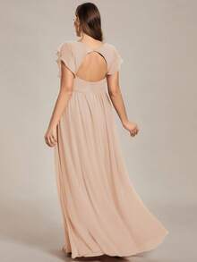 V-Neck Backless High Waist Pleated Bridesmaid Wedding Party Dress Spring - Champagne - View 5