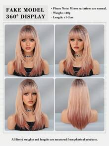 Ombre Peach Blonde Layered Wig With Bangs For Women 18 Inch Elegant Shoulder Length Straight Wig With Peach Pink Blonde Ends Dark Roots, Natural Looking Soft Heat Resistant Fluffy Glueless Synthetic Fiber Wig For Daily Wear, Beginners Wigs Accessories, Mother's Day Gifts - 漸層粉紅色 - 查看 5