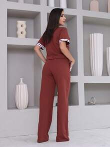 Women's Striped Set - Pants And Top In Lightweight Fleece With White Details - Comfortable Style - Terracotta - View 4