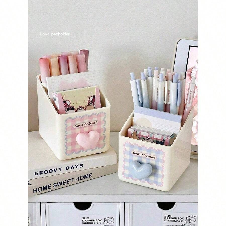 1pc Desktop Stationery Storage Box, Dual-Layer Design, Heart Pattern, Pen Holder, Large Capacity Makeup Brush Organizer, Suitable For Storing Stationery, Pens, Rulers, Great For Students Back To School And Office Supplies, Christmas Gift, Gift For Friends - Blue - 查看 1