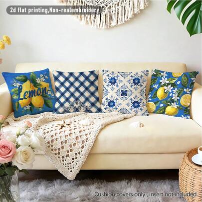 4 piezas Fundas de cojín con estampado de limón, patrón floral geométrico estilo pintura al óleo, material de terciopelo suave impreso por un solo lado, 45*45CM, adecuado para decoración del hogar, dormitorio, sala de estar, fiesta, sofá. (No incluye relleno de cojín)