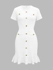 Đầm midi trắng thanh lịch Unadoll dành cho nữ, chất liệu vải tweed, tay ngắn, cài cúc vàng, dáng ôm sát, viền bèo nhún, thích hợp cho công sở và tiệc tùng. - trắng - Xem 3