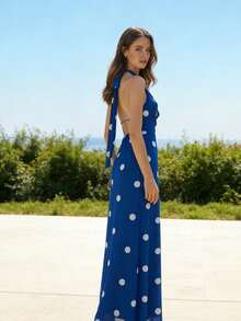 MOD Women's Red Polka Dot Halter Neck Draped Front Maxi Dress Elegant Sleeveless Evening Party Gown - Màu xanh lam - Xem 5
