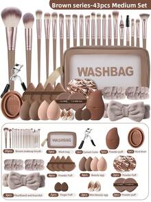 Bộ dụng cụ trang điểm 43 món, bao gồm: 20 bộ cọ trang điểm + 1 túi đựng đồ trang điểm và mỹ phẩm đa năng có khóa kéo chống thấm nước + 4 bông mút trang điểm + 2 bông mút trang điểm mini + 2 bông phấn tròn + 2 bông phấn dạng cushion + 4 bông phấn tam giác + 2 bông phấn dạng cushion mini + 2 dây đeo bát trang điểm + 1 băng đô + 1 dụng cụ uốn mi + 1 túi chườm đá lạnh + 1 dụng cụ vệ sinh cọ trang điểm - màu nâu - Xem 1