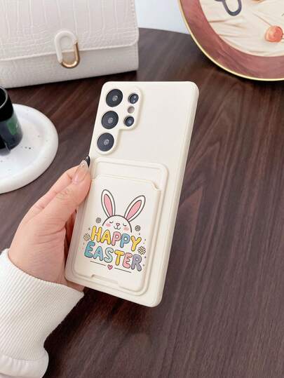 1pc White TPU Solid Color Shockproof Phone Case & 1pc White Cute Rabbit Letter Pattern Adhesive Card Holder 2-In-1 Fashion Versatile Creative Full Coverage Phone Case, Suitable As Birthday/Holiday/Anniversary Gift For Girlfriend/Boyfriend, Best Friend, Spouse, Family, Coworker, Student, Teacher
