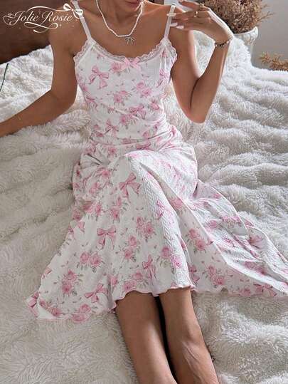 Women's Summer New Pastel Purple Ditsy Floral Slip Dress, Backless Lace Cutout Design, Bow Accent Collar, Jacquard Dress For Outdoor Wear