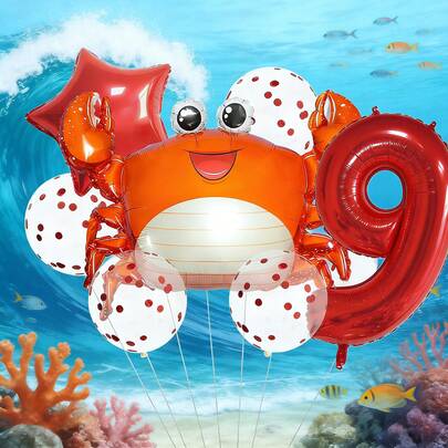 32-Inch Red Number Balloon, Crab Shaped Balloon, Star Balloon, Red Sequin Balloon, Ocean Themed 1st Birthday Party, Summer Beach Birthday Party, Kids Ocean Adventure Birthday Decor, Playful & Energetic Ocean Party Atmosphere