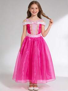 Vestido plisado con bloques de color lindo para niña, adecuado para fiestas y banquetes - Rosa Fucsia - Ver 1