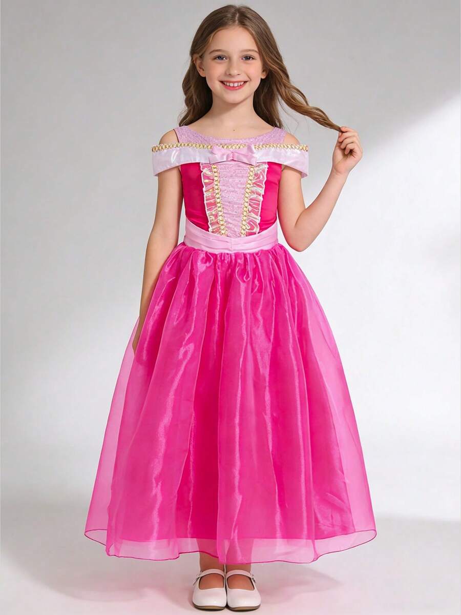 Vestido plisado con bloques de color lindo para niña, adecuado para fiestas y banquetes - Rosa Fucsia - Ver 1