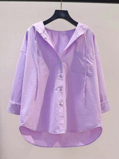 女士长袖连帽纽扣衬衫，带抽绳，不对称下摆，前短后长，涤纶面料，春季款