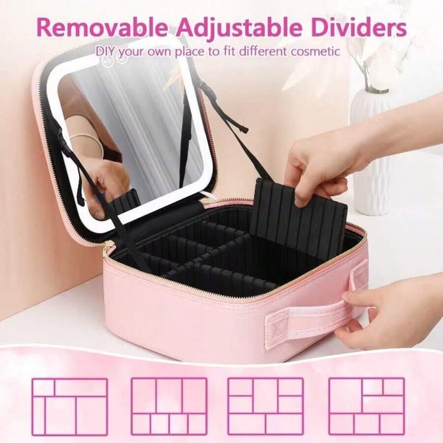 LED Mirror Makeup Bag, Adjustable Compartment Portable Cosmetic Storage Box And Toiletry Bag, Suitable For Women, Teens And Girls As Gift, Fashionable